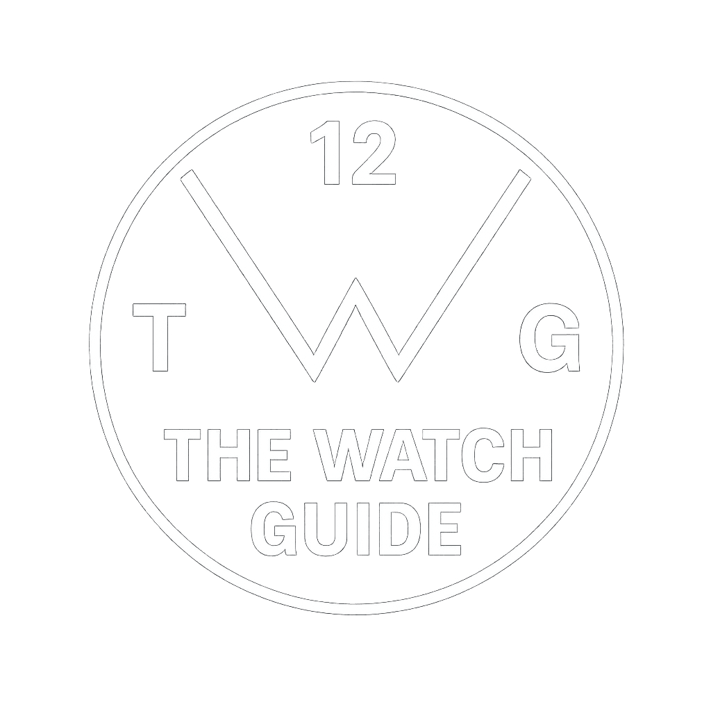 The Watch Guide logo in white on transparent background, styled like a clock face with "TWG" and bold modern typography.